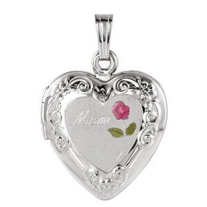 2/$15 Sterling Silver Heart Shaped Locket MOM with rose